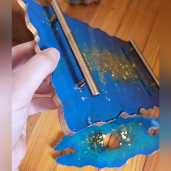 Blue gold custom resin tray coaster and wine glass holder set bundle - Picture 3 of 11